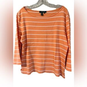 Lauren Ralph Lauren Tee Shirt Women’s XL 3/4 Sleeve Orange White Stripe Classic